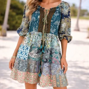 Vestido Corto Artesanal de Mujer en Seda con Escote y Nudo con Cuerdas por Delante