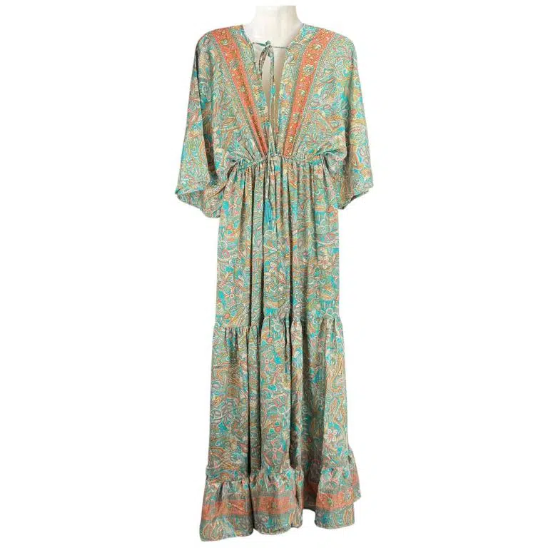 Vestido Largo Artesanal de Seda para Mujer con Diseño Multicolor y Cierre de Tira en Cuello - Imagen 4