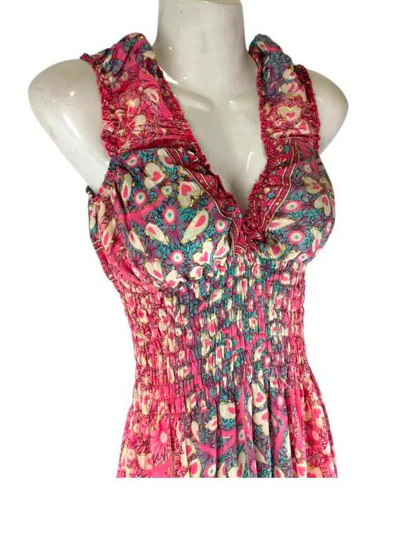 Vestido Largo Artesanal en Seda India con Escote con Volantes y Talla Única para Mujer - Imagen 4