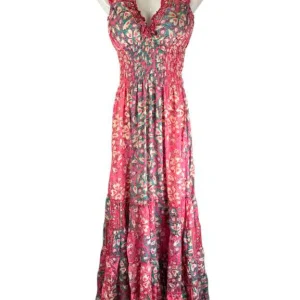 Vestido Largo Artesanal en Seda India con Escote con Volantes y Talla Única para Mujer