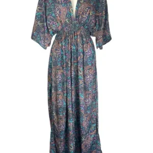 Vestido Largo Artesanal de Seda India para Mujer con Mangas, Escote y Gran Calidad