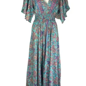 Vestido Largo Artesanal Multicolor de Seda India con Mangas y Gran Calidad para Mujer