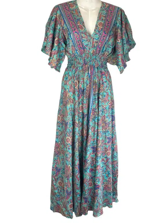 Vestido Largo Artesanal Multicolor de Seda India con Mangas y Gran Calidad para Mujer - Imagen 2