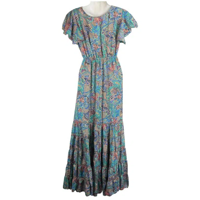 Vestido Artesanal Largo de Seda con Talla Única, Diseño Escalonado y Cuello en V para Mujer - Imagen 4