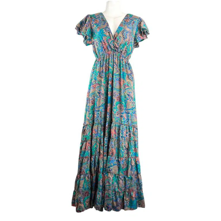 Vestido Artesanal Largo de Seda con Talla Única, Diseño Escalonado y Cuello en V para Mujer - Imagen 3