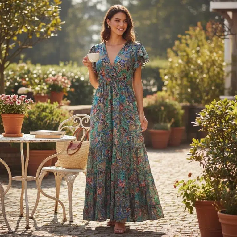 Vestido Artesanal Largo de Seda con Talla Única, Diseño Escalonado y Cuello en V para Mujer