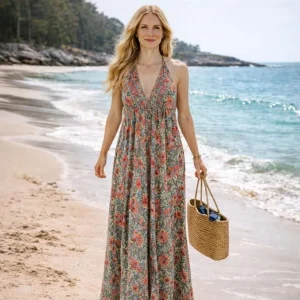 Vestido Largo Artesanal de Seda para Mujer con Espalda Descubierta y con Escote