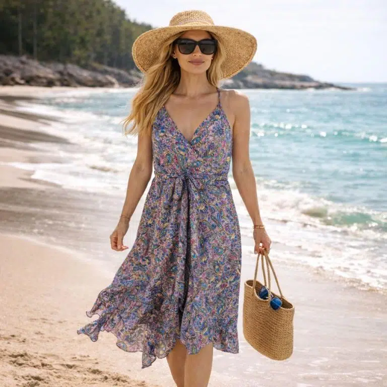 Vestido Corto Artesanal de Seda para Mujer con Espalda Fruncida y Cuello en V