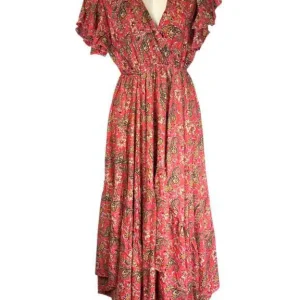 Vestido Largo de Mujer Artesanal en Seda con Mangas de Volantes y Talla Única