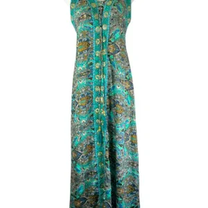 Vestido Multicolor Largo Artesanal para Mujer en Seda India con Cuello en V y Espalda Descubierta