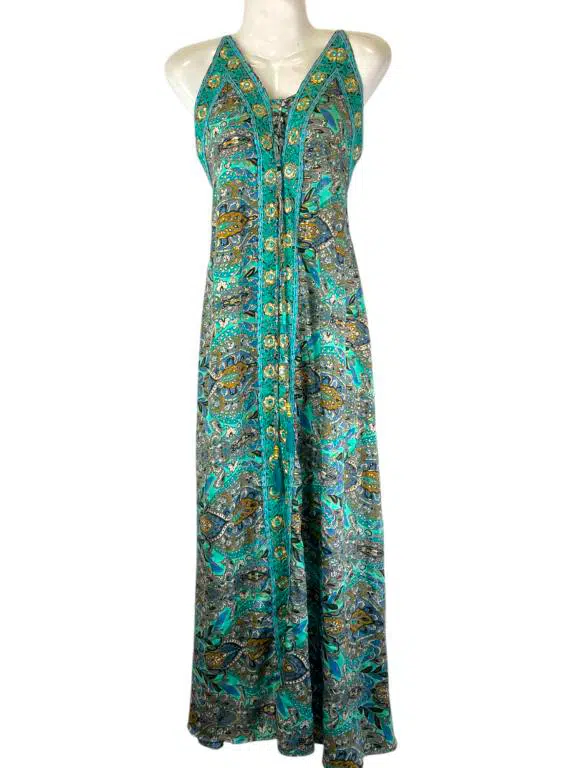 Vestido Multicolor Largo Artesanal para Mujer en Seda India con Cuello en V y Espalda Descubierta - Imagen 2