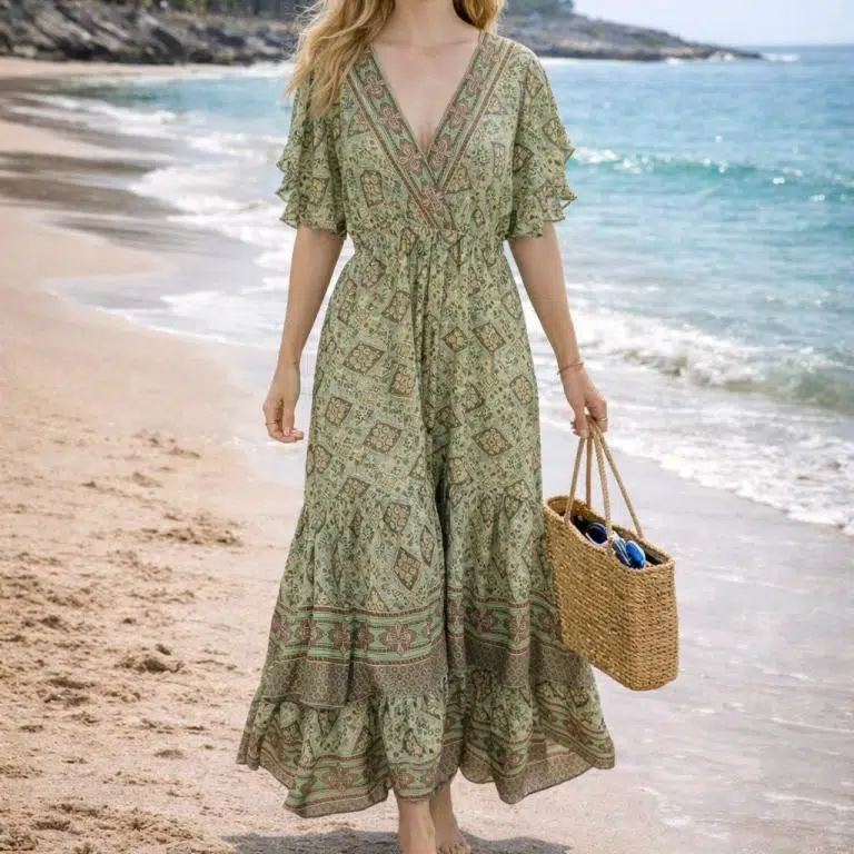 Vestido Largo Artesanal de Seda para Mujer con Cuello en V, Talla Única y Vivos Colores