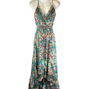 Vestido Largo Ligero y Artesanal en Seda India con Espalda Descubierta y Talla Única de Mujer