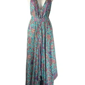 Vestido Largo Artesanal en Seda con Espalda Descubierta, Escote y Tirantes para Mujer