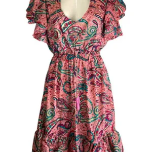 Cómodo y Ligero Vestido Artesanal en Seda India con Volantes, Escote y Talla Única para Mujer