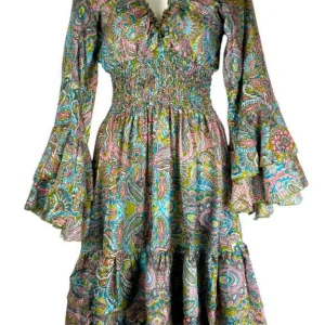 Vestido Artesanal para Mujer en Seda India con Precioso Diseño, Manga Larga y Volantes