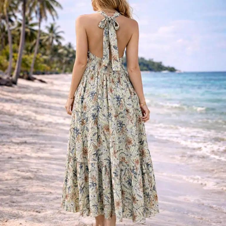 Vestido Largo Artesanal de Seda para Mujer con Cuello en V y Espalda Descubierta - Imagen 3