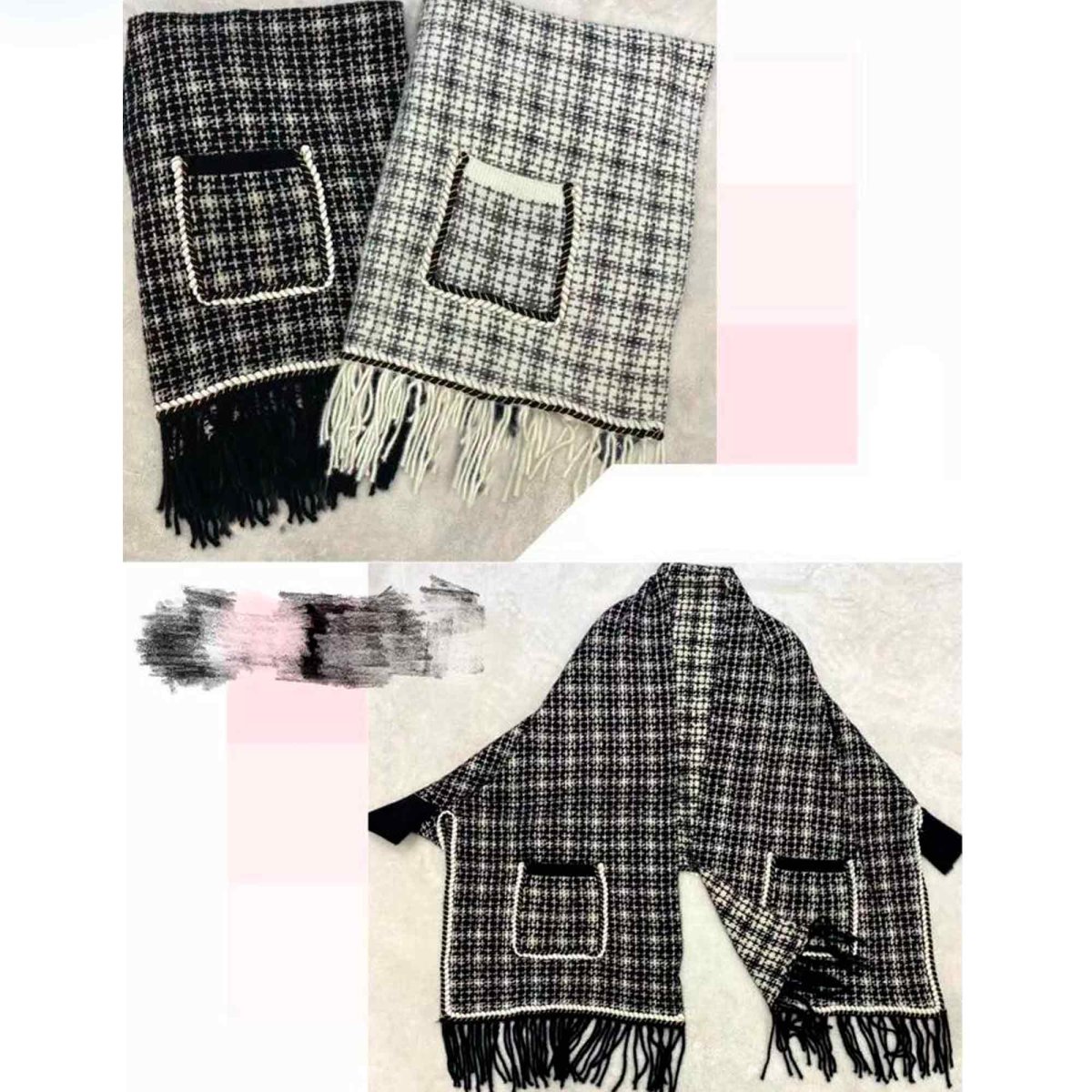 Chal Check Tweed de mujer con bolsillos, mangas y flecos - Imagen 4