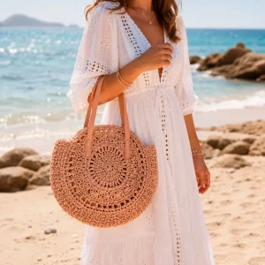 Amplio Bolso de Papel con Diseño Circular, Asas Largas y Cremallera para Mujer