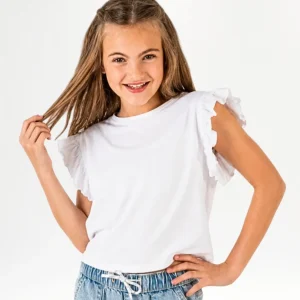 Camiseta de niña blanca manga corta volantes