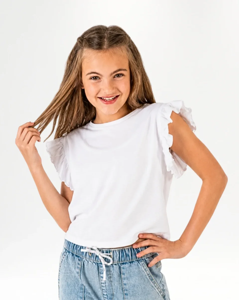 Camiseta de niña blanca manga corta volantes - Imagen 2