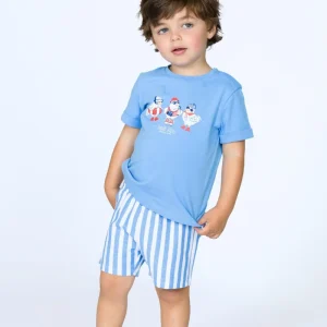 Conjunto niño camiseta azul y bermuda de rayas