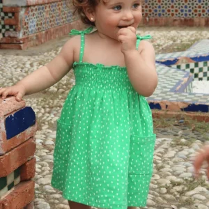 Vestido bebé niña verde con nido de abeja