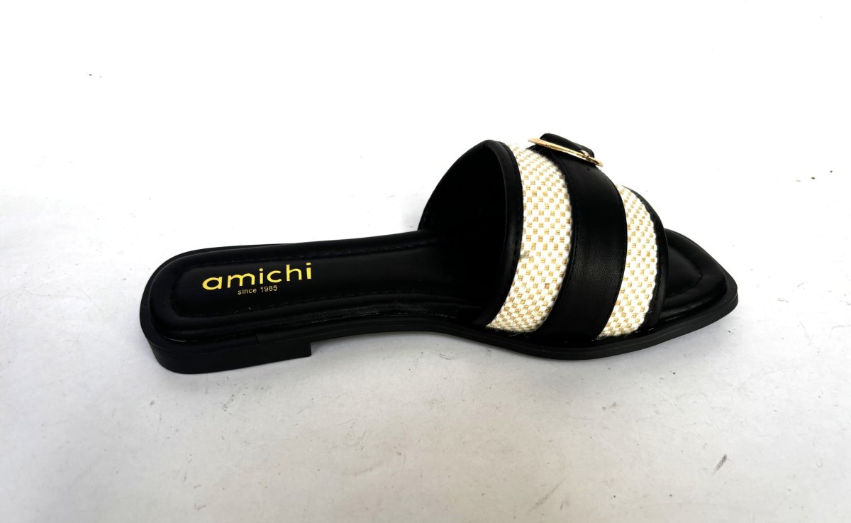 Sandalias planas de pala Amichi negro y rafia - Imagen 3