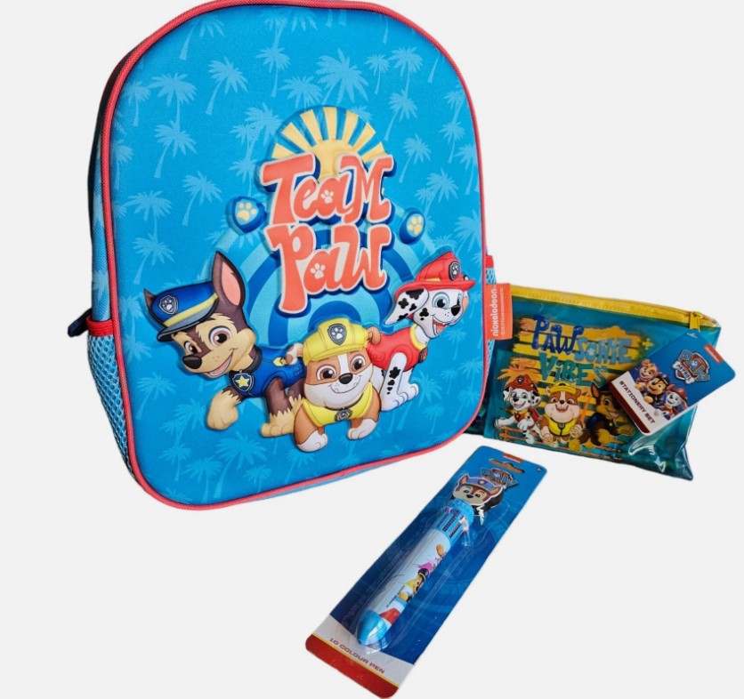 PAW PATROL – Mochila Infantil 3D Paw Patrol Relieve Azul Escolar Estuche Boligrafo Set 3 en 1