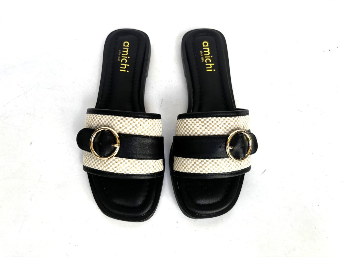 Sandalias planas de pala Amichi negro y rafia - Imagen 4