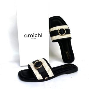 Sandalias planas de pala Amichi negro y rafia