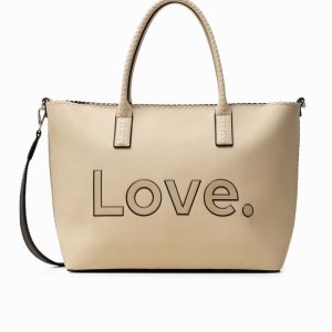 DESIGUAL – Bolso Desigual Alola Holbox grande beige con mensaje LOVE