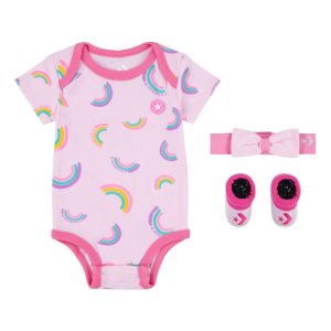 CONVERSE – Conjunto Converse Rainbows Bebé Rosa 3 Piezas 0-12 Meses Body Patucos y Cinta