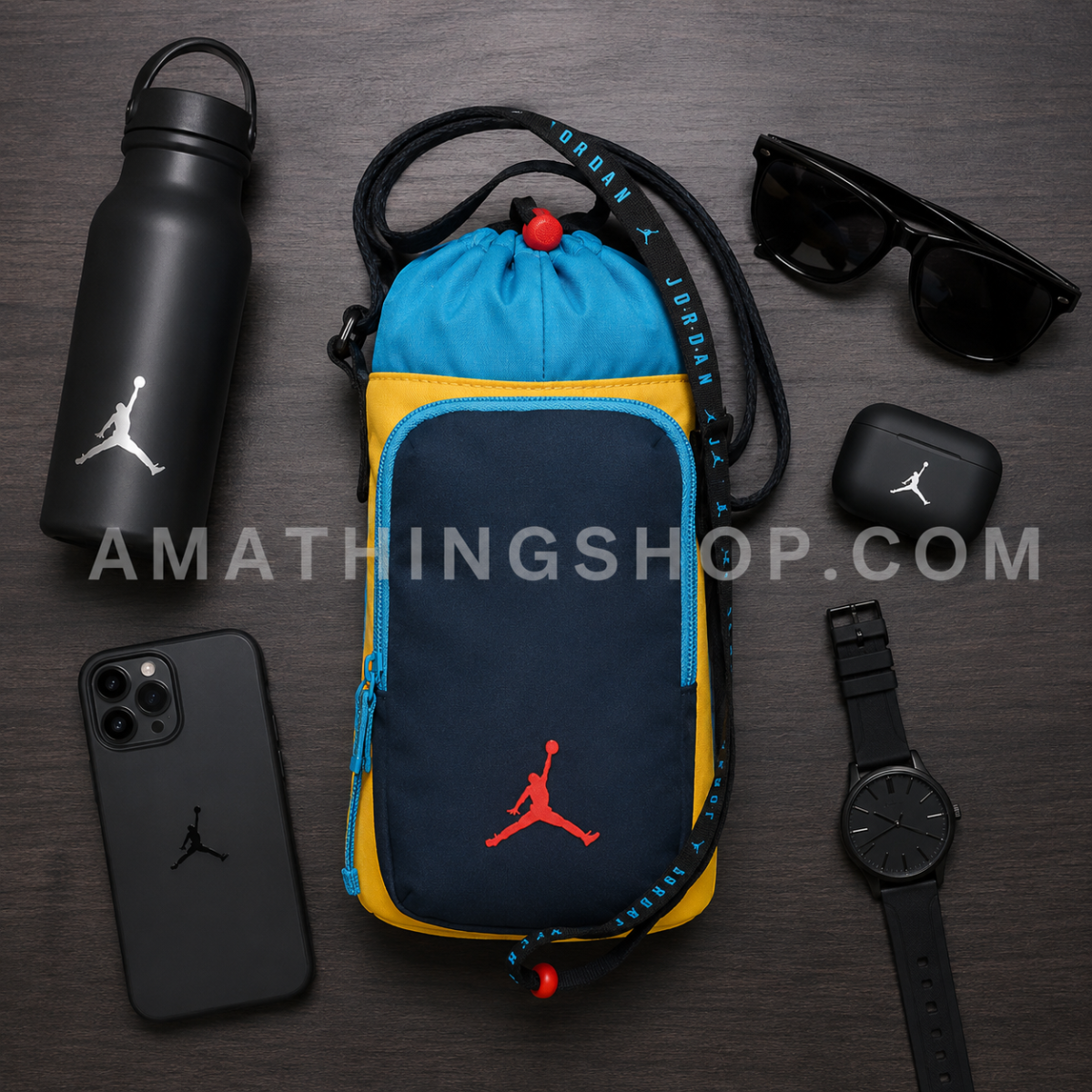 NIKE – Bandolera Portabotellas Jordan Water Bottle Holder Azul Amarillo 9A0594-Y0H - Imagen 4