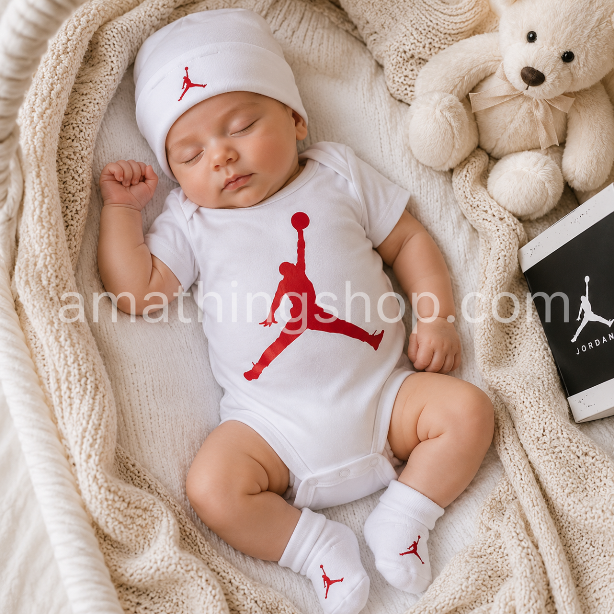 NIKE – Conjunto Nike Air Jordan Bebé Original 3 Piezas Blanco Jumpman Body Gorro Patucos 0-6 Meses MJ0041-001 - Imagen 5