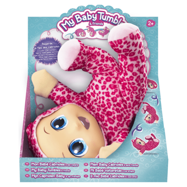 BIZAK – Mi Bebé Voltereta de Peluche y sus Amigos con disfraz de Leopardo Rosa