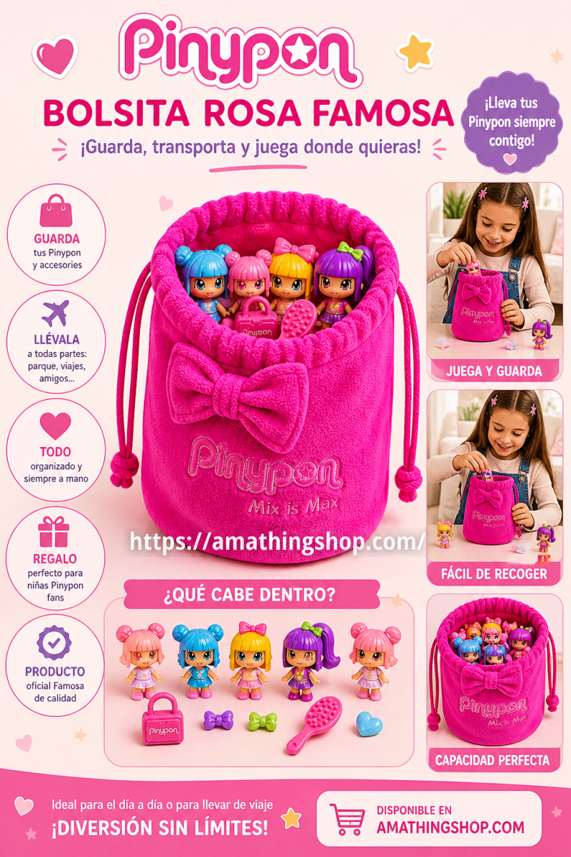 FAMOSA – Bolsita Porta Pinypon Rosa Famosa para Guardar Figuras y Accesorios - Imagen 7