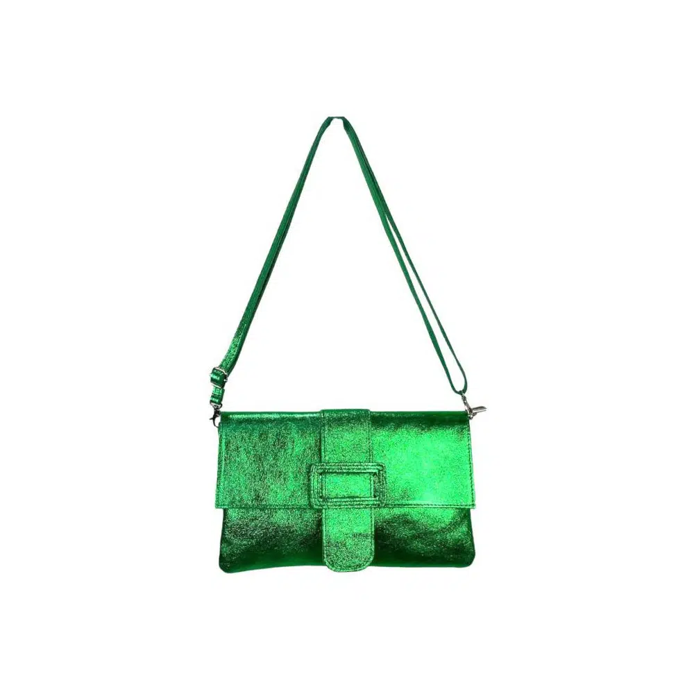 Bolso Bandolera de Piel para Mujer con Efecto Brillante y Hebilla Decorativa