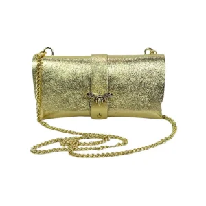 Bolso de Piel Metalizado tipo Sobre con Broche de Abeja para Mujer
