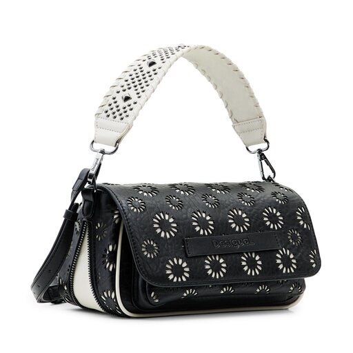 DESIGUAL – Bolso Amorina Tromso Negro Blanco Mujer Bandolera 2.2L Flores Tachuelas - Imagen 4