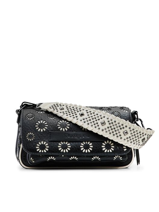 DESIGUAL – Bolso Amorina Tromso Negro Blanco Mujer Bandolera 2.2L Flores Tachuelas - Imagen 3