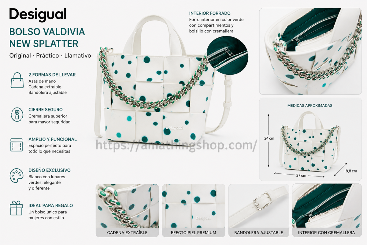 DESIGUAL – Bolso Shopper Desigual Valdivia Blanco Lunares Verde 24SAXP10 - Imagen 6
