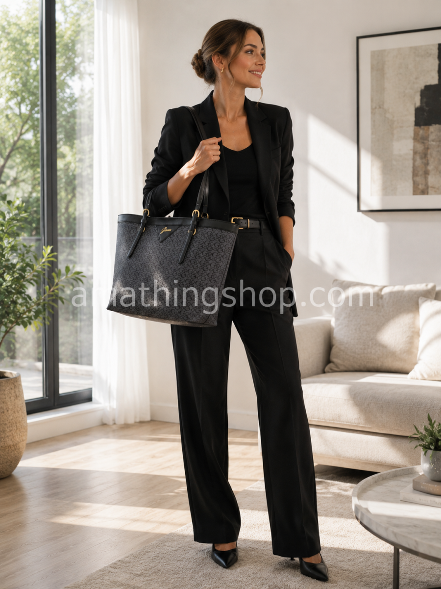 GUESS – Bolso Tote Negro Mujer Grande Logo Dorado Shopper de Hombro - Imagen 5