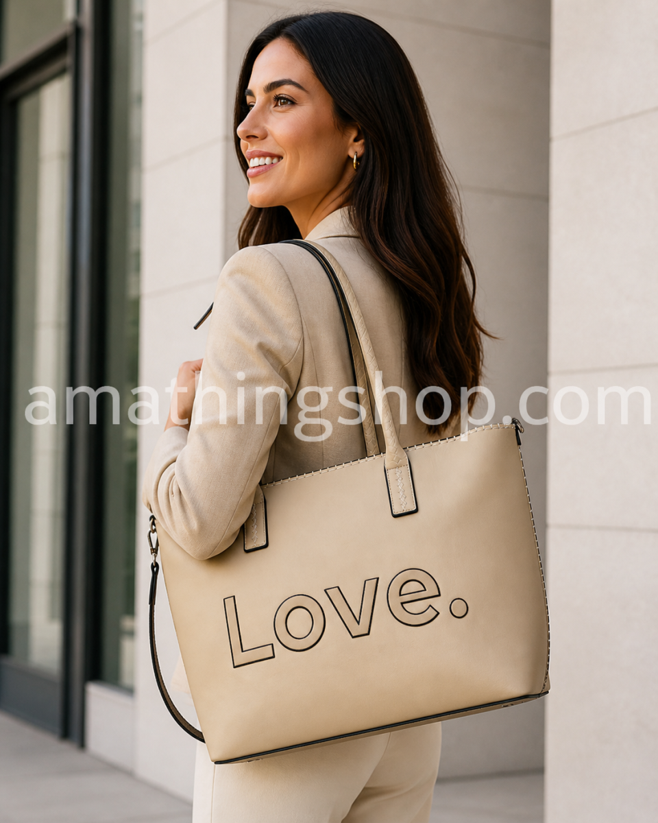 DESIGUAL – Bolso Desigual Alola Holbox grande beige con mensaje LOVE - Imagen 3