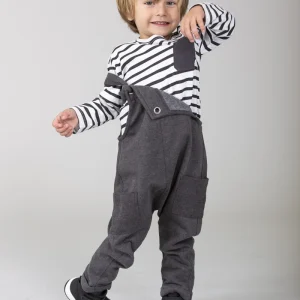 Camiseta de bebé niño de manga larga color antracita a rayas con bolsillo