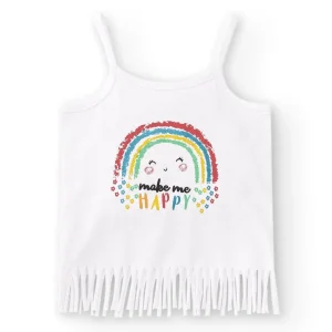 Camiseta de bebé niña color blanco estampado arcoiris con flecos