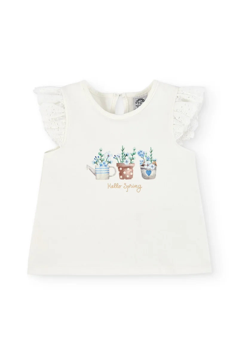 Camiseta bebé niña crudo con volantes bordados y estampado “Hello Spring” - Imagen 4