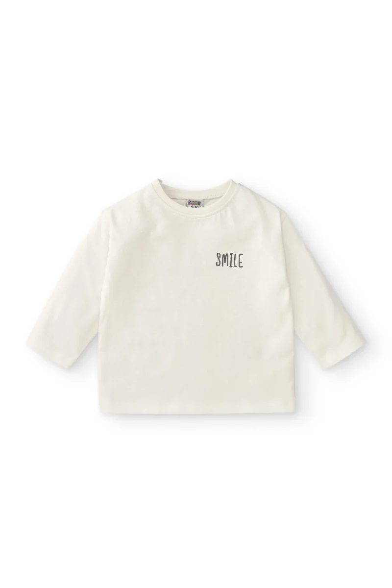 Camiseta manga larga bebé niño en color crudo con texto smile