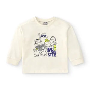 Camiseta de bebé de manga larga color crudo con dibujo monstruo
