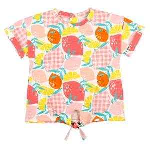 Camiseta bebé niña de frutas con nudo frontal color coral multicolor